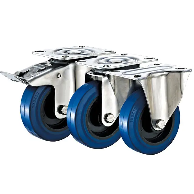 blue color elastic rubber stainless steel caster
